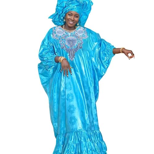 Generic Bazin Dress Blue for Women African Traditional Wedding for Girl Riche Long Dresses Dashiki Robe Clothing Ankara Blouse and Skirt Clothes Long Dress