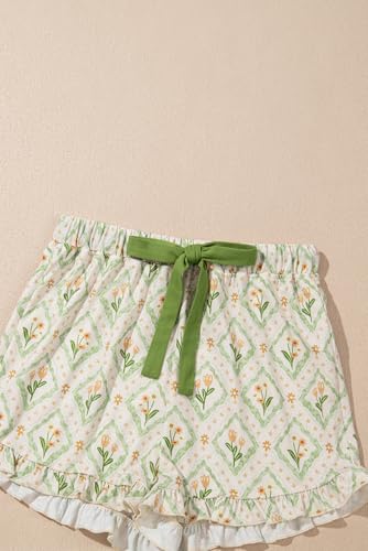 Image of KevaMolly Women Novelty Knotted Candy Cane Christmas Pajama Set | Christmas Floral Bow Print PJ Set, Button Lapel Knotted Drawstring Shorts with Convenient Side Pockets