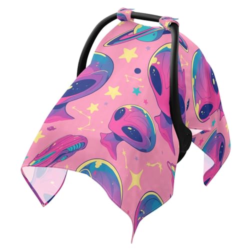 Dalzium Pinks Alien Car Seat Cover Baby, Carseat Canopy Cover for Girl Boy, Breathable Baby Carrier Cover Stroller Sun Shade Universal Fit Breastfeeding Cover
