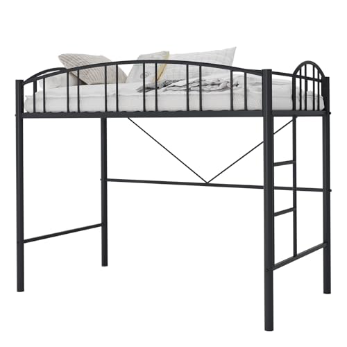 Loft Bed Twin Size with Stairs and Arched Guardrail, Sturdy Metal Slats Support, Space Saving, Noise Free, No Box Spring Needed, Ideal for Kid Room and Dorm, Black