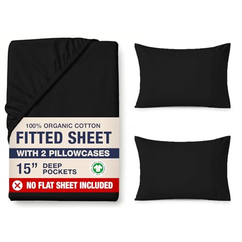 Image of LANE LINEN 100% Organic Cotton Fitted Sheet Queen (+Pillowcases) 3-Piece Set Soft & Comfy Hotel Style Percale Weave Sustainably Produced Queen Size Fitted Sheet only 15 inch Deep - Black Sheet