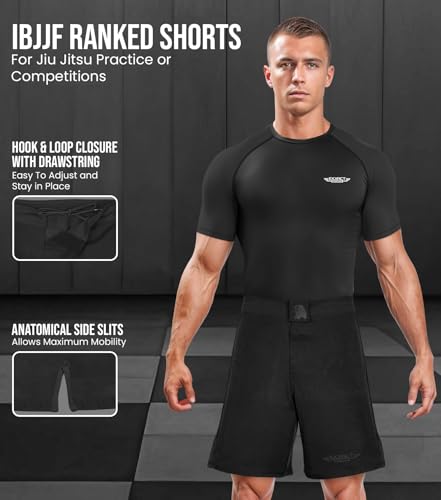 Exxact Sports MMA Shorts, IBJJF Ranked No Gi BJJ Jiu Jitsu Shorts for Men, Boxing, Cross Training & Grappling Shorts (Black, AS)