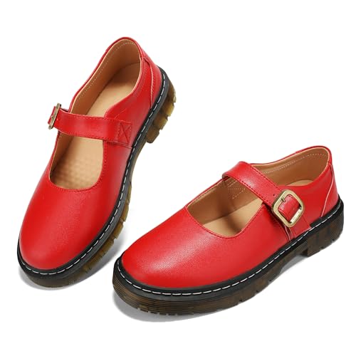Image of Women's Mary Jane Flat Shoes Comfort Platform Buckle Ankle Strap Flats Breathable Slip On Lightweight Office Work Shoes Red,8 US
