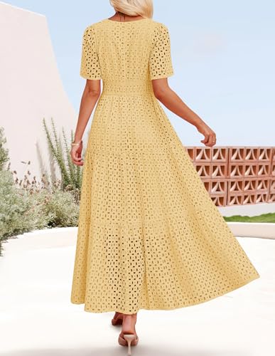 Image of ZESICA Women's 2026 Summer Short Sleeve Maxi Dress Casual V Neck Hollow Out Eyelet Ruffle Swing A Line Long Dresses