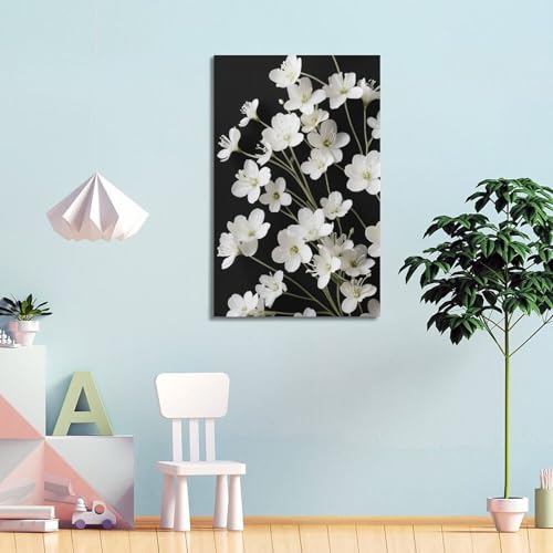 Décoration murale fleurs blanches tableau salon noir et blanc