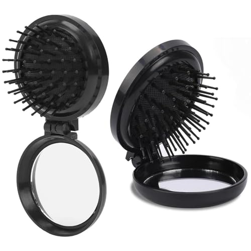 Folding Hair Brush with Mirror, 2 Pack Round Mini Hair Brush,Travel Size Massage Comb,Compact Pocket Comb,Portable Hair Styling Tools,Travel Tools for Women (Black + Black)
