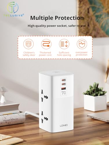 Image of T Teclusive 2500W Tower Extension Board Power Strip with USB C Ports | 4 Power Sockets with 70W Gan Type C QC PD Super Fast Charging | Vertical Multi Port Extension | 2M Power Cord