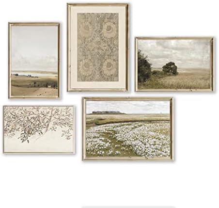 Farmhouse Wall Decor Aesthetic Vintage Wall Art Prints Botanical Canvas Wall Art Farmhouse Decor Living Room Bedroom Vintage Posters Nature Wilderness Flower Sea Pictures- Set of 5,UNFRAMED (Grassland)
