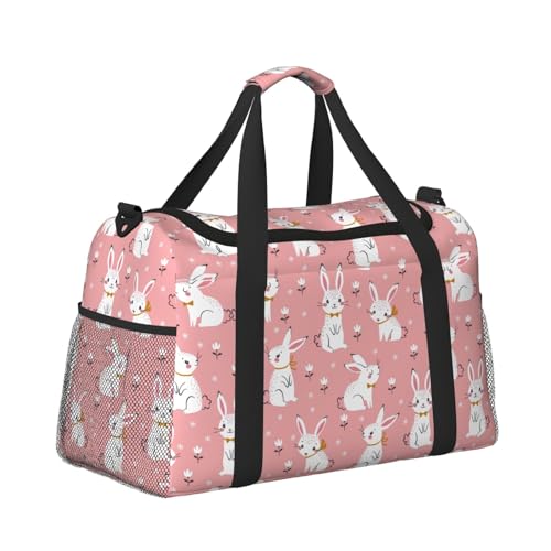 Cute White Rabbit print Large Canvas Travel Duffel Bag Weekender Bags for Women Overnight Bag Carry On Tote Bag3