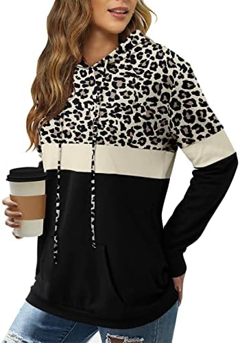 Angerella Black Leopard Sweatshirt for Women Pullover Color Block Cheetah Hoodies Long Sleeve Shirts Tunic Tops XXL
