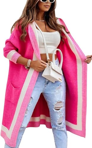 Image of utcoco Women's Oversized Hooded Cardigan Sweaters Color Block Open Front Long Sweater Coat Outwear with Pockets