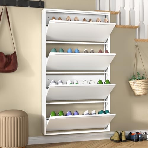TEEALUBAN Metal Shoe Cabinet with 4 Flip Drawers, Slim Wall