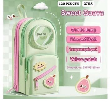 Image of Cute Multi-Layer Pencil Pouch for Girls & Boys, 7 Compartments 13 Slots Large Capacity Pencil Case with Transparent Window & Patch, Hanging Loop School Organizer