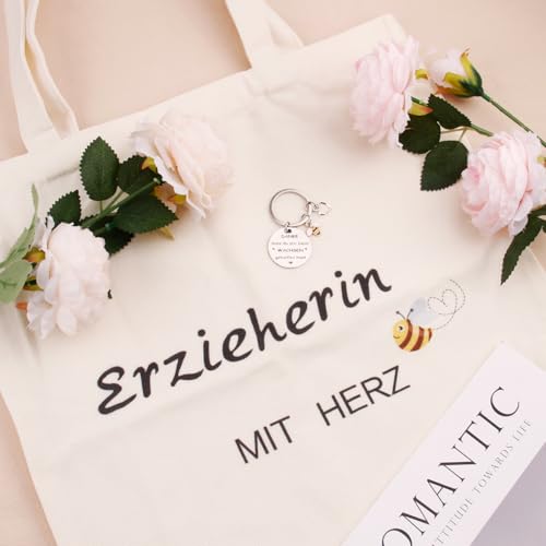 Erzieherin Geschenk Stofftasche mit Schlüsselanhänger, Abschiedsgeschenk Erzieherin Erzieher Geschenke mit Herz Lehrerin, Dankeschön Geschenke mit Herz Weihnachtsgeschenke Danke Geschenk für Frauen
