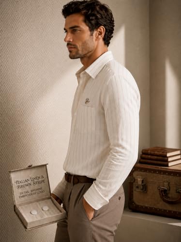 Image of Men's Lilan Vertical Stripe Regular Fit Full Sleeve Shirt with Chest Pocket | Cream Beige Casual Shirt