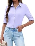 Zeagoo Camisas Mujer Manga 3/4 Blusa Color Sólido Camisa con Botones Cuello en V Camiseta Basica Parte Superior Morado XL