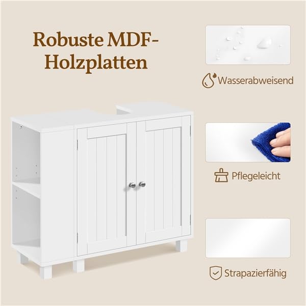 Yaheetech Waschbeckenunterschrank, Unterschrank, Badezimmerschrank mit 2 Türen, rechts oder Links austauschbar, Badschrank, höhenverstellbare Ablage, Weiß, 75x30x62 cm