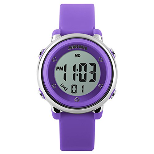 SKMEI Reloj para niñas con pantalla digital transparente, color rosa, morado y blanco, perfecto para mayores de 5 años, cronómetro, alarma, resistente al agua, morado, Correa
