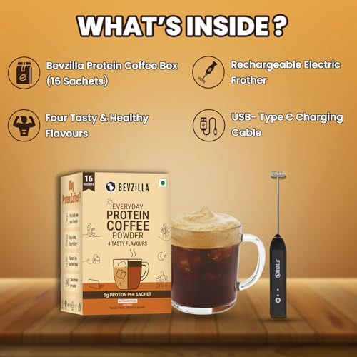 Image of Bevzilla Everyday Protein Coffee Sachets & Rechargeable Frother | Assorted 4 Flavour | 5 g Protein per Serve | 16 Sachets Pack | 3-Speed Electric Frother with Type-C Fast Charging