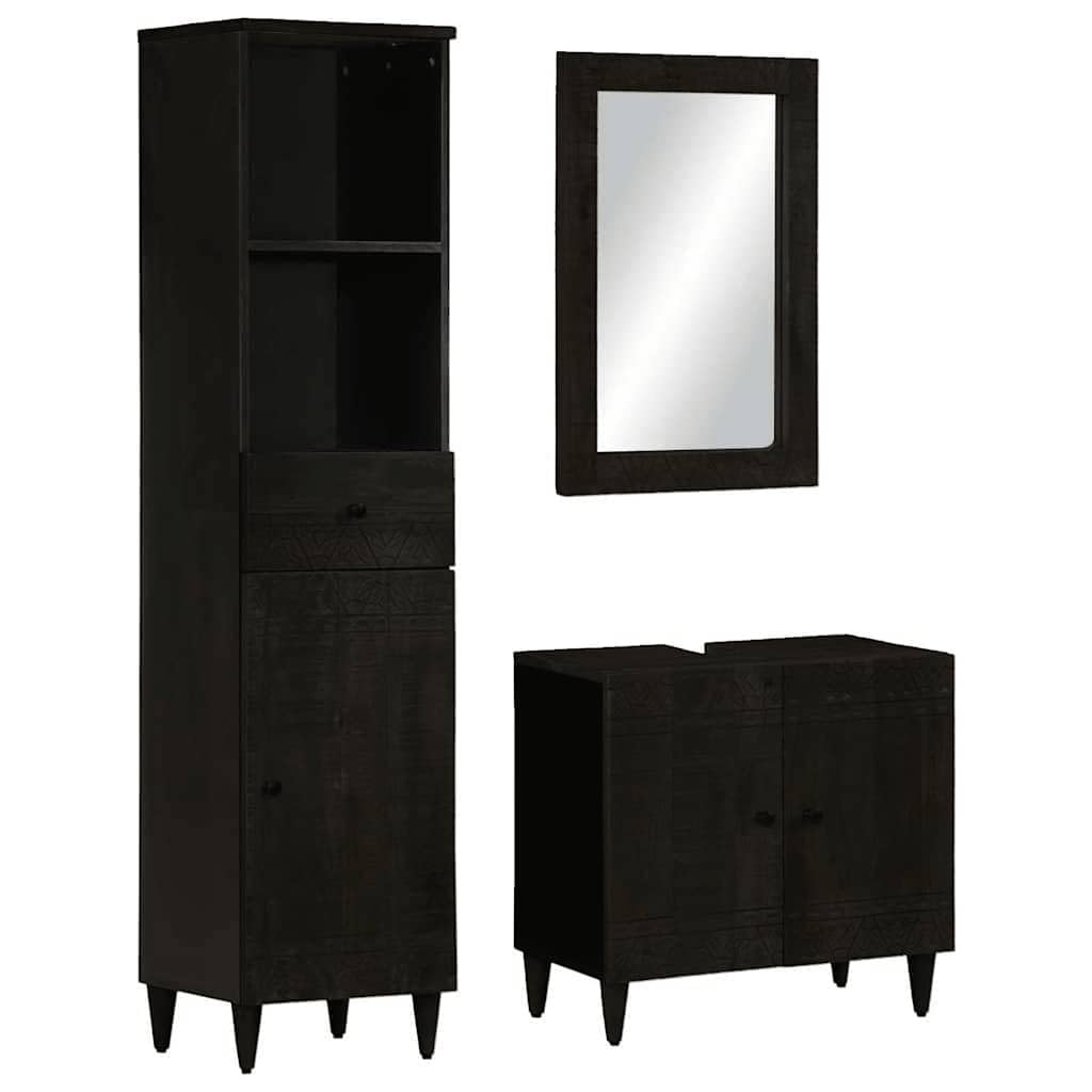Lot de 3 meubles de salle de bain en bois massif de mangue, noir, sculpté à la main, 62 x 33 x 58 cm, meuble de salle de bain durable pour un rangement élégant