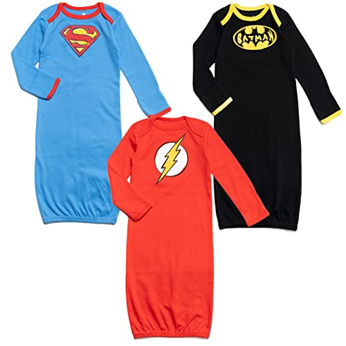 Image of DC Comics Justice League The Flash Superman Batman Baby 3 Pack Sleeper Gowns Newborn