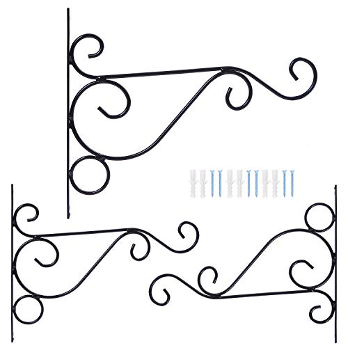 Tupa 3 Pack Iron Wall Hanging Brackets Hooks Plant Basket Hanger Holder 10 Inches Indoor Outdoor Metal Brackets with Screws for Garden Baskets Hanging Planters Lantern Wind Chimes (Black)