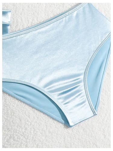 SHENHE Girl's 3 Piece Metallic Bathing Suit High Waisted Halter Triangle Bikini Set with Cover Up4