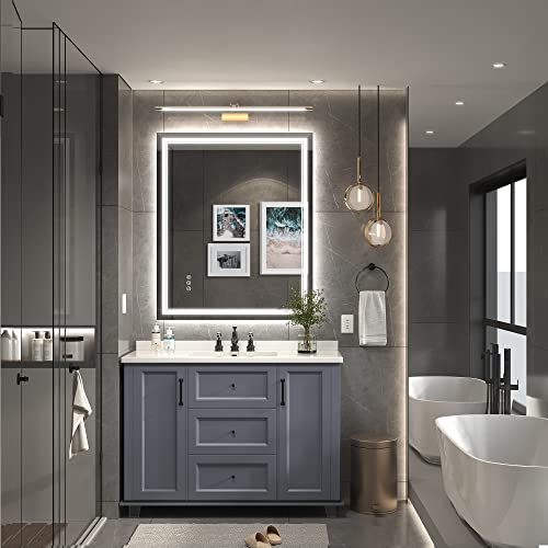 Image of 30x36 Inch Led Mirror for Bathroom with Front Light and Backlit, Bathroom Mirror with Led Lights, Vanity Mirror with Lights for Wall, Anti-Fog, Dimmable, Memory Function, Tempered Glass