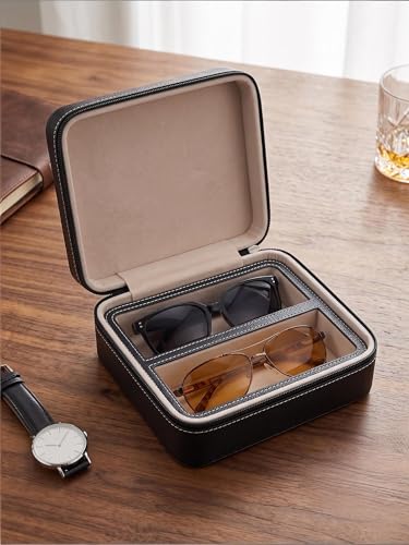 Image of ROSELLE Eyewear Travel Case for women men, Luxury leather 2 /3-Slot Eyeglasses Storage Box for Multiple Glasses and Sunglasses