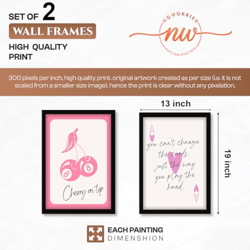 Image of NoWorries Pink Playing Cards Wall Painting Set | Cherry on Top and Ace Quote Art Prints | Aesthetic Card Theme Wall Decor | Premium 300 GSM Paper Print with Synthetic Wooden Frame | Modern Decor for Bedroom & Living Room (Set of 2) (BLACK, ART-4, 13X19INCHES)