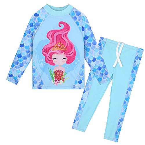 Image of TFJH E Girls Two Piece Swimsuit Long Sleeve Rash Guard Ages 3-12 | UPF 50+ sun protection, breathable , lightweight long sleeve swimsuit, full coverage, pool beach vacation, water park