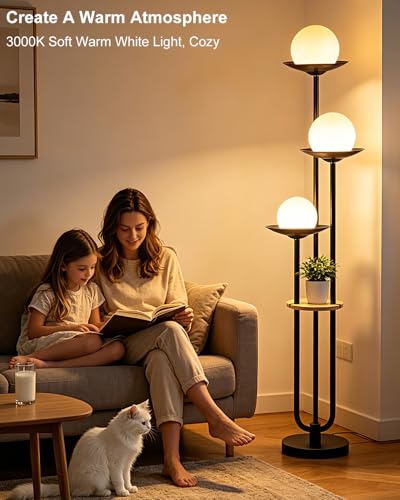 Image of Lightdot 3-Globe Dimmable Floor Lamp with Table Modern Floor Lamps with 5Lbs Heavy Base for Wedding /Party 3000K Warm White Bulbs Included Black Standing Lamp for Living Room /Bedroom /Sofa Beside /Corner