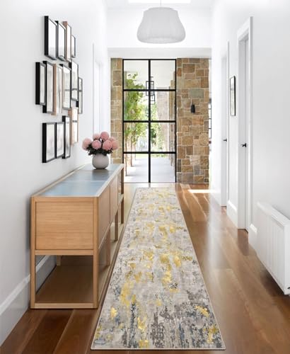 vivorug Runner Rug 2'x8' Machine Washable Non-Slip Runners for Hallways Kitchen Entryway Laundry Room Modern Abstract Carpet Hallway Runner Grey/Mustard