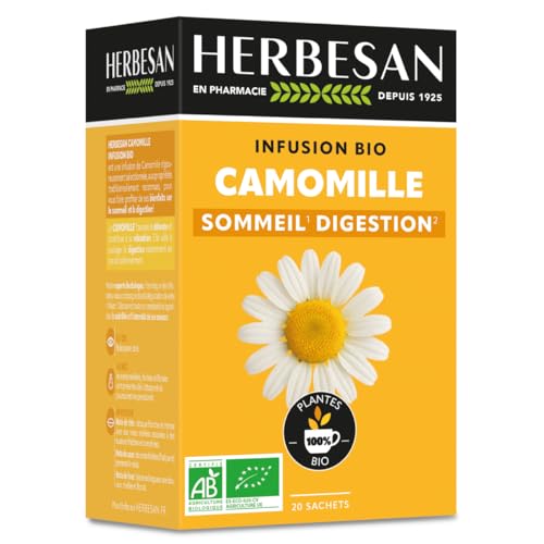 HERBESAN®- FLEURS DE CAMOMILLE INFUSION BIO - Sommeil & Détente - Sans plastique - 20 sachets en papier
