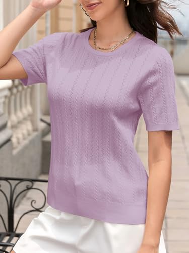 Image of SANGTREE Women's Cable Knit Half Sleeve Sweaters, Crew Neck Solid Color Knitted Summer Pullover Tops