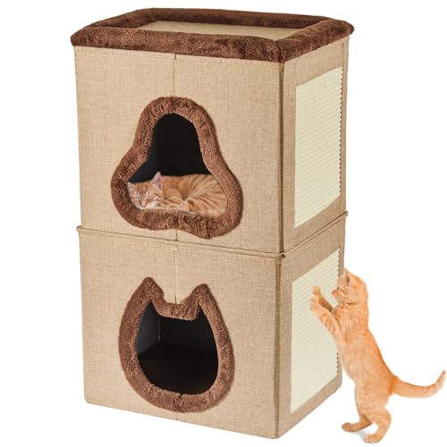 2-Tier Cat House for Indoor Cats Bed, Covered Cat Beds with Hideaway Cave and Scratch Pad, Foldable Modern Cat House for Multi Small Pet Large Kitten Kitty