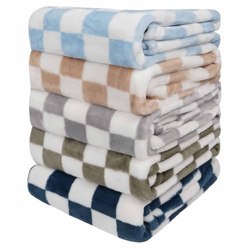 Image of Baby Blanket 5 Pcs Checkerboard Grid Ultra Soft Gift-Ready Plush for Newborns, Nursery & Stroller 30 inchx40 inch Green Blue Light Gray Dark Blue Camel