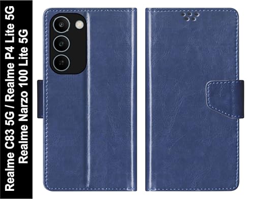 Image of SBMS Flip Cover for Realme C83 5G /Narzo 100 Lite 5G /P4 Lite 5G Back Case with Magnatic Closure | Genuine Leather Finish | Inbuilt Stand | Card & Money Pocket | Wallet Style Flip Cover (Blue)
