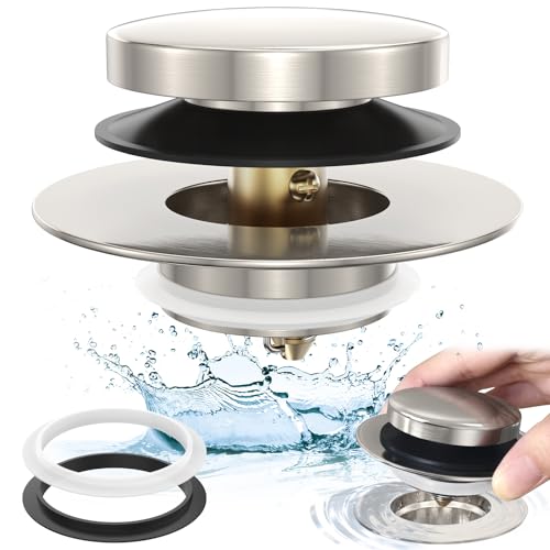 Brushed Nickel Universal Tip Toe Tub Stopper, Pop Up Bathtub Drains Plug, Bathroom Bath Tub Drain Stoppers, Conversion Kit Assembly, Replaces Lift and Turn, Tip-Toe and Trip Lever drains for Tub