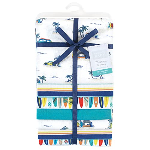 Image of Little Treasure Hudson Baby Cotton Poly Flannel Receiving Blankets Multipack, Blue Surfer Dude, 30x30 inches