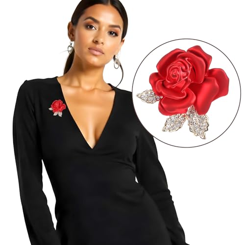 Image of Rose Flower Brooch Pin, 3D Crystal Rose Pin Rhinestone Floral Brooch Vintage Red Brooches 3D Floral Dress Accessories Red Roses Crystal Pins for Women Girls Hat Bag Suit Dress