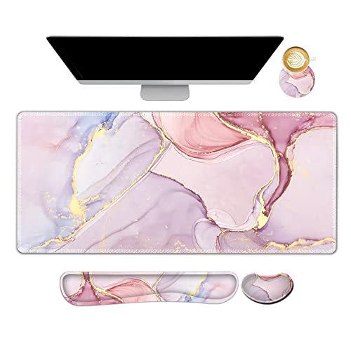 Image of ARTSO Large Gaming Mouse Pad, Keyboard Wrist Rest Pad & Wrist Support Mousepad Set, Stitched Edge, Extended, Non-Slip Base, Memory Foam,Multifunctional Desk Mat for Office & Home, Purple Pink Marble