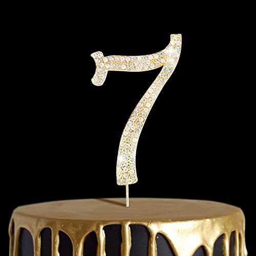 Number Cake Topper 7, UNIIDECO Gold Rhinestone Premium Metal Bling Bling Cake Decor, Sparkly Happy Birthday Wedding Anniversary Party Decoration Centerpiece (Gold, 7)