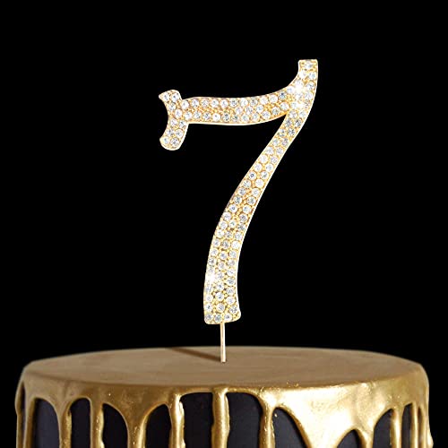 Number Cake Topper 7, Uniideco Gold Rhinestone Premium Metal Bling Bling Cake Decor, Sparkly Happy Birthday Wedding Anniversary Party Decoration Centerpiece (Gold, 7) #TOP1