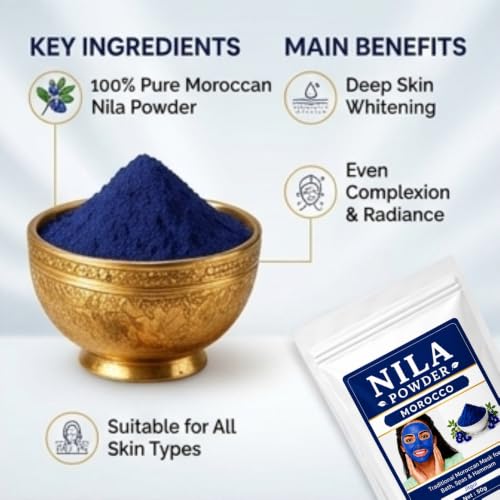 Image of Moroccan Nila Powder For Face - 100% Natural Blue Powder for Skin Brightening, Tan Removal & Detox | Traditional Moroccan Hammam Beauty Treatment For Face & Body Care - 50g