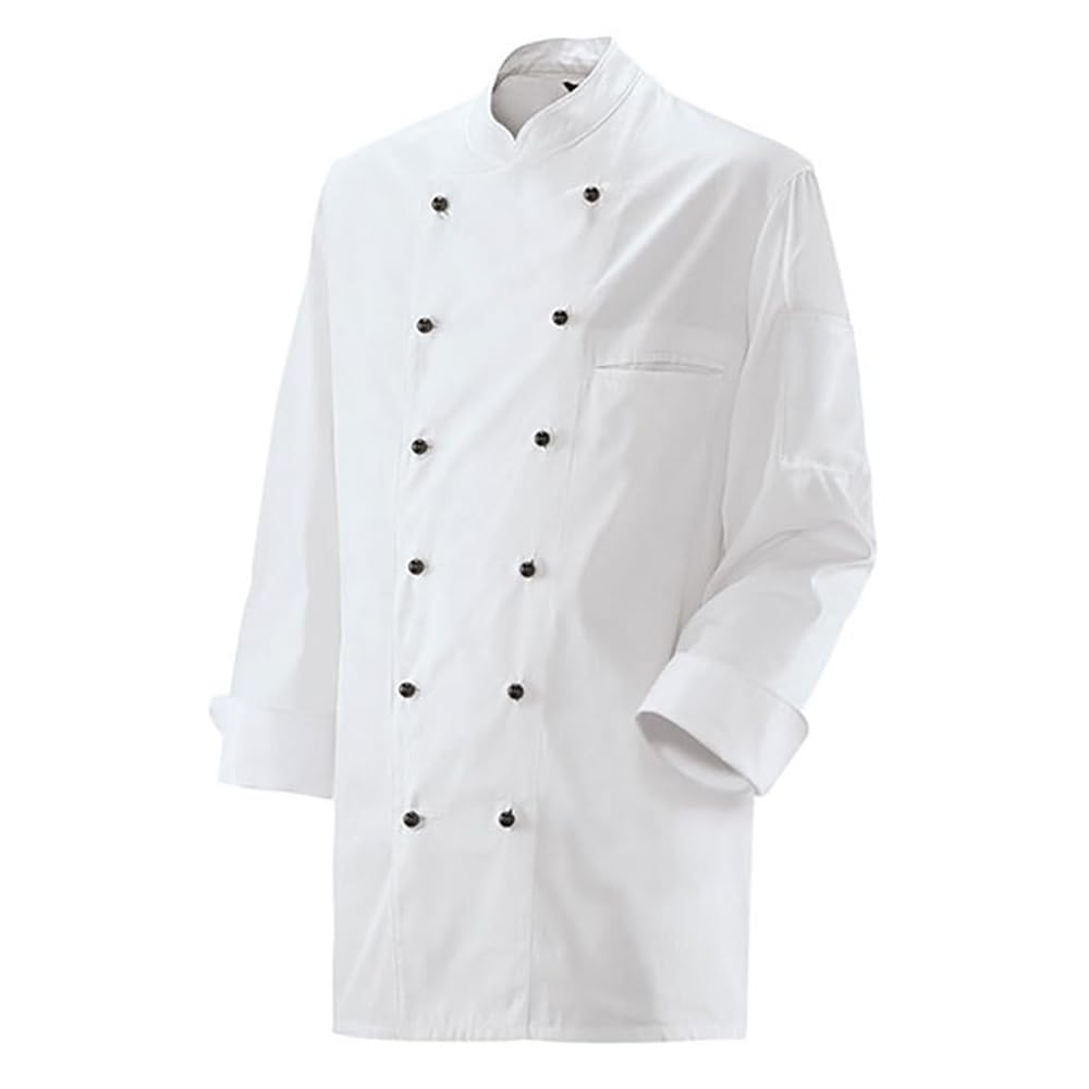 EXNER Chaqueta unisex de cocinero, manga larga, cuello alto, 100% algodón, color blanco, disponible en unisex hasta 6XL y tallas hasta 74. Se entrega sin botones de bola