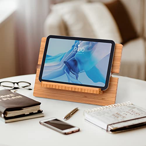 Pezin & Hulin Bamboo Tablet Stand Adjustable, Desktop Cell Phone Stand Holder Dock Compatible With Pad 9.7, 10.5, 12.9, Air 2 3 4 Mini, Kindle, Phone 8 Plus X Xs Max Xr (Support To 4.7-13" Devices) #TOP6