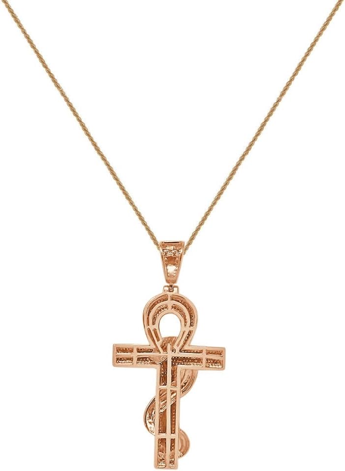 Real Genuine Authentic Naturals Diamonds 14K Gold Finish Egyptian Ankh Cross Cobra Snake Evil Power Charm Pendant Chain Neckless Set Bold 2.50 Inch.