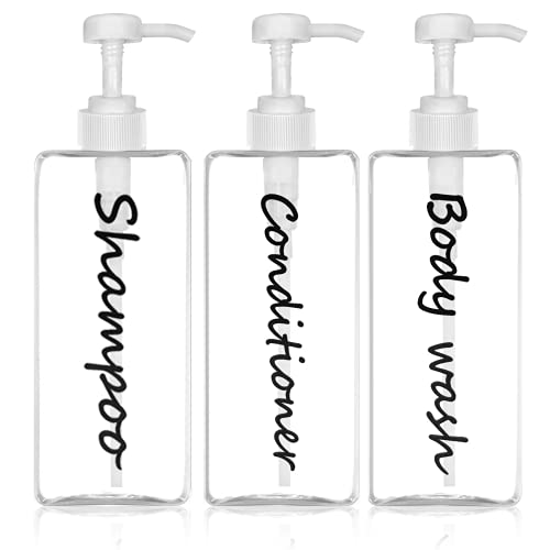 Shampoo Dispenser - Refillable Shampoo and Conditioner Bottles (Clear, Set of 3, 27oz) - Modern Shampoo Bottles for Shower Soap - Empty Shampoo Conditioner Body Wash Dispenser Set - for Hotel Bathroom