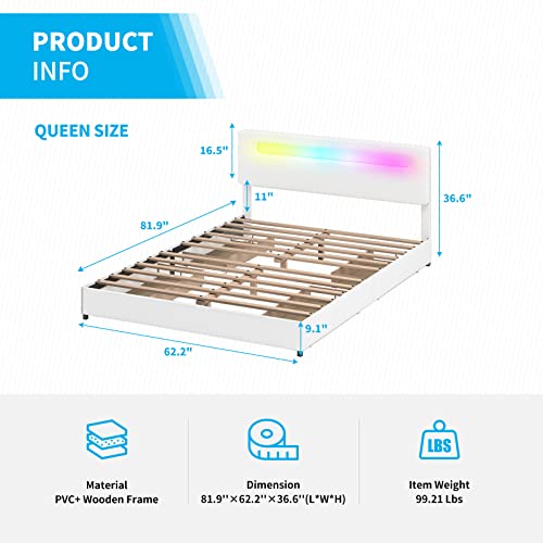 Horgaeo Upholstered Bed Frame With Rgb Light, 4 Drawers,Adjustable Headboard, Queen Faux Leather Platform Bed Frame With Wooden Slats,Compatible With Alexa&Google Assistant, No Box Spring Needed,White #TOP1